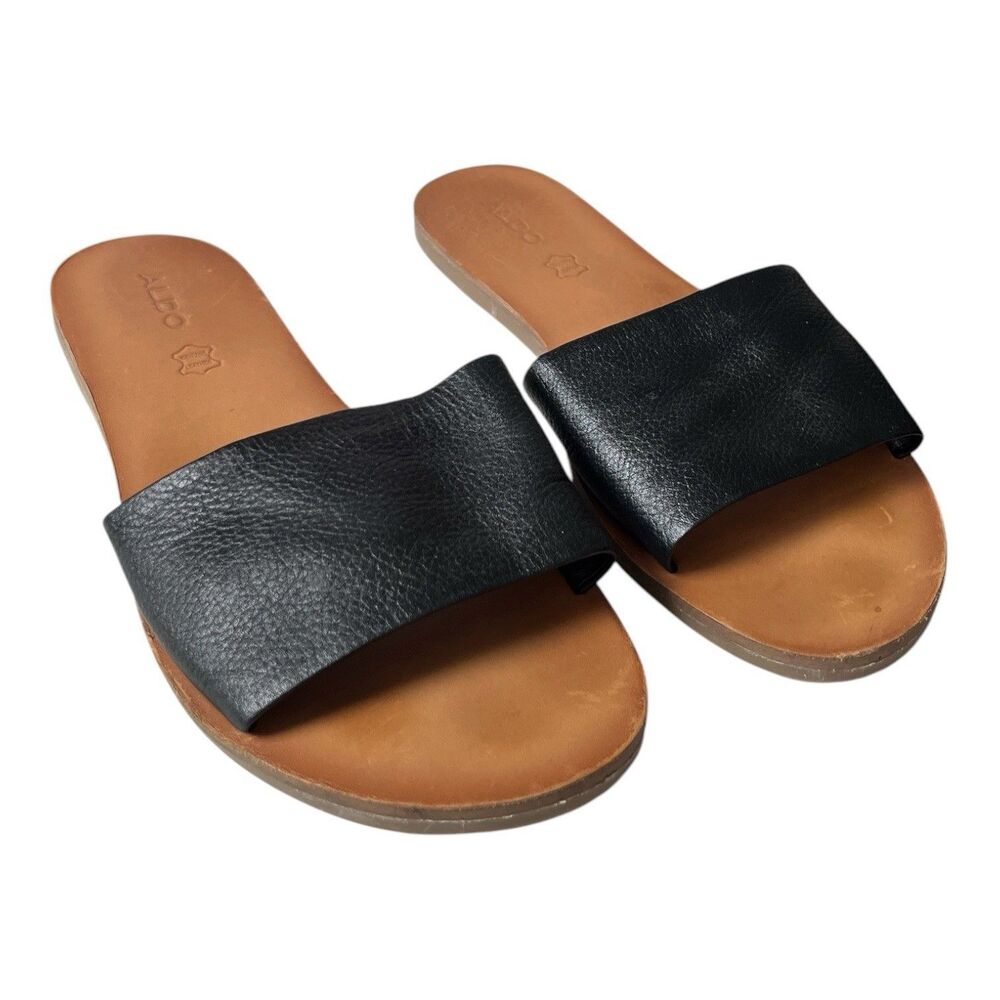 Aldo Womens Leather Slide Sandals Black Flat Minimalist Slip On Size 8.5